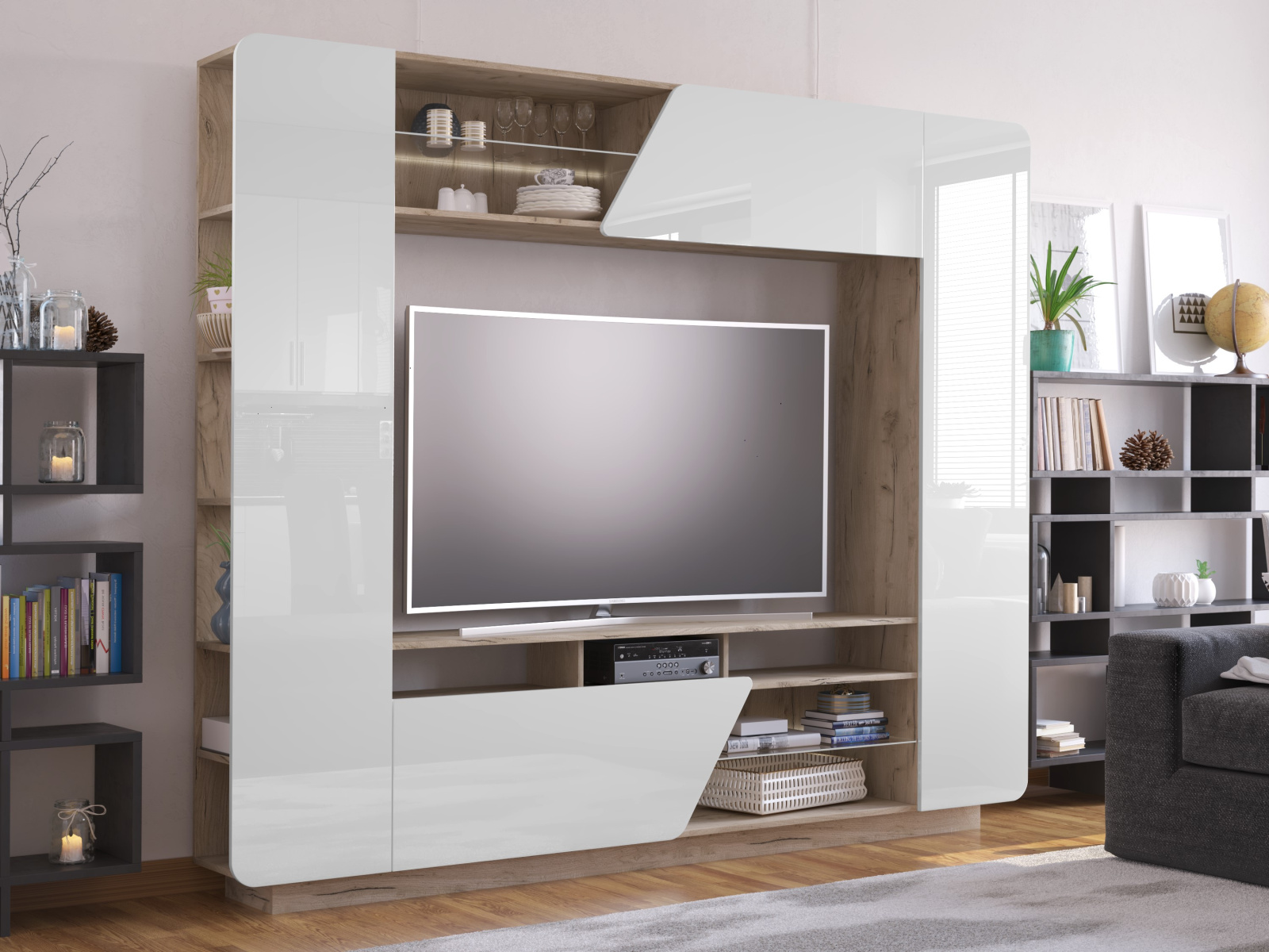 стенка марсель 2 дуб серый крафт/белый глянец