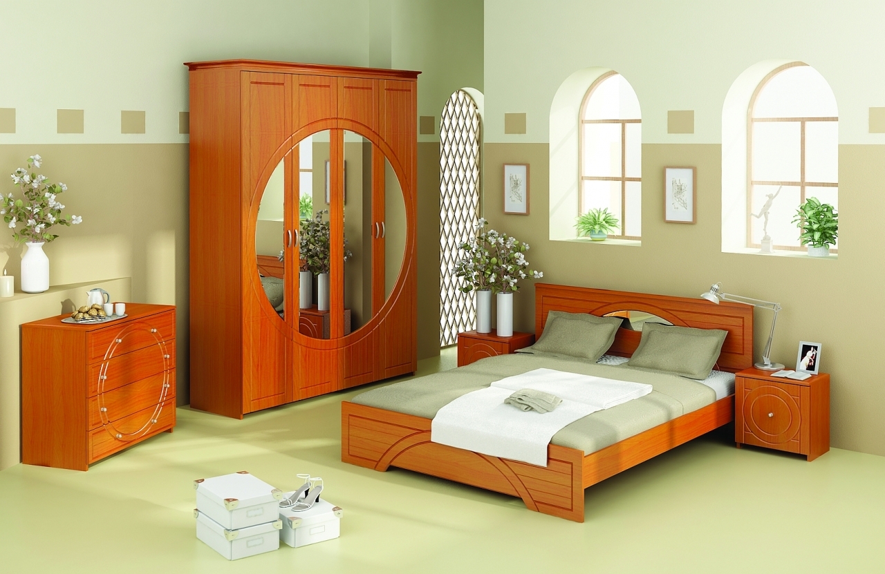 спальня с мебелью цвета вишня