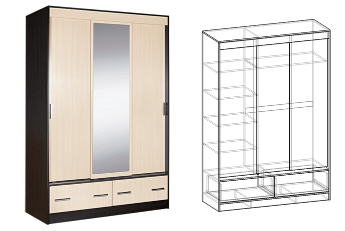 шкаф 3х створчатый с ящиками с 1 зеркалом светлана