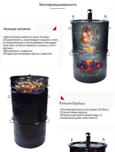 Многофункциональный угольный гриль-коптильня Multi-function drum Smoker BBQ grill - купить за 27150.00 руб.
